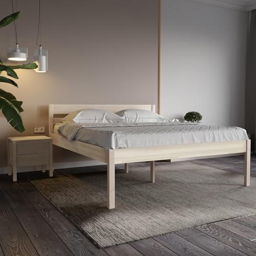 Hansales Seniorenbett 200x200 cm Triin Holzbett mit Kofpteil, Bettgestell ohne Rollrost, Doppelbett aus massivem FSC® Birkenholz, Bettrahmen belastbar bis 350kg mit klarem Öl beschichtet
