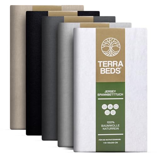 Terra Beds Premium Spannbettlaken - Bettlaken 140x200cm - 160x200cm 160g/m2-100% Hochwertiges Oeko-TEX Baumwoll Jersey Bettlaken – Erhältlich in 10 Farben