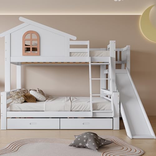 Ctastay Kinderbett Etagenbett 90x200 & 120x200 cm für 2 Kinder, Holzbett Hochbett mit Rutsche und 2 Stauraum Schubladen, Bettgestell mit Lattenrost und Fenster, Rausfallschutz, Weiß (Ohne Matratze)