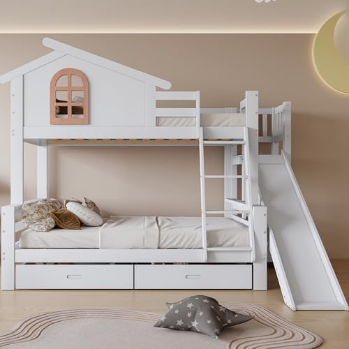 Ctastay Kinderbett Etagenbett 90x200 & 120x200 cm für 2 Kinder, Holzbett Hochbett mit Rutsche und 2 Stauraum Schubladen, Bettgestell mit Lattenrost und Fenster, Rausfallschutz, Weiß (Ohne Matratze)