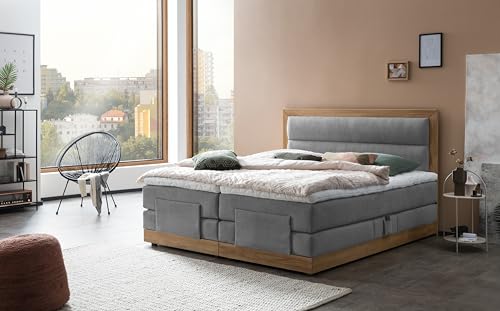 Belanoti MODELA Boxspringbett 180x200 elektrisch verstellbar 7-Zonen Taschenfederkern Matratze inkl Visco Topper Bett 180x200 mit Motor Farbe Hellgrau H2/H3 Polsterbett Motorbett Massivholz Eiche