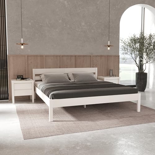 Hansales Holzbett weiß 180x200cm Kaja Bett ohne Lattenrost, Bettgestell mit Kofpteil aus massivem FSC® Birkenholz Doppelbett, Bettrahmen belastbar bis 350kg