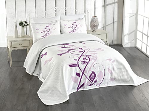 ABAKUHAUS Lila Tagesdecke Set, Violet-Blüten, Set mit Kissenbezügen Waschbar, für Doppelbetten 220 x 220 cm, Weiß Lila