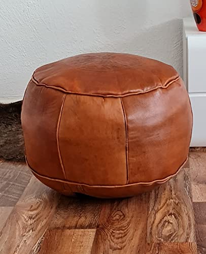 ChamChimi Pouf, Handgefertigten Marokkanische Echtleder Sitzhocker, bequemer Sitzsack für Erwachsene und Kinder, Sitzpouf Rund , Fußhocker 45 x 35 cm (Braun)