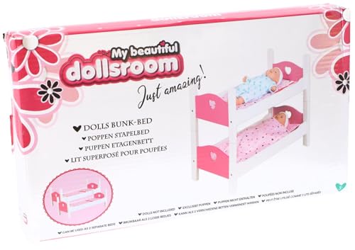 My Beautiful dollsroom 551-0307 Etagenbett für Puppen, Hochbett in Weiß und Pink, Puppenmöbelstück, Spielset mit 2 Matratzen, 2 Kissen, 2 Decken, für Kinder ab 3 Jahren, ca. 54 x 29 x 43 cm