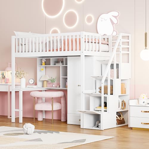 FEZTOY Kinderbett, Hochbett 90x200 mit Kleiderschrank und Tisch, Etagenbett mit Stauraum Treppe, Spielbett, Stockbett, Holzbett, Bettgestell, Jugendbett, ohne Matratze
