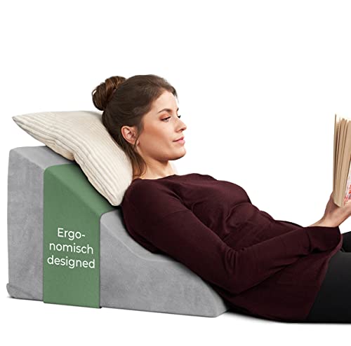 WELL B4 Ergonomisches Lesekissen für Bett und Sofa – Bequemes Rückenkissen mit Memory Foam – Verwendbar als Reflux Kissen, Keilkissen Bett, Bettkissen Rückenlehne im Sitzen und Liegen, GRAU