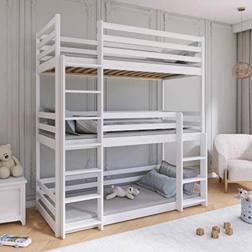 Kids Collective Hochbett 90x200 cm Dreier-Etagenbett für Erwachsene & Kinderbett, Stockbett drei Personen mit 3X Lattenrost, Rausfallschutz, Vollholz massiv in weiss
