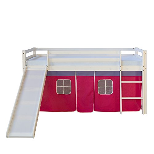 Homestyle4u 540, Kinderbett 90x200 cm Weiß Kinder Hochbett mit Rutsche Vorhang Pink Bettgestell Holz Kiefer Kinderzimmer