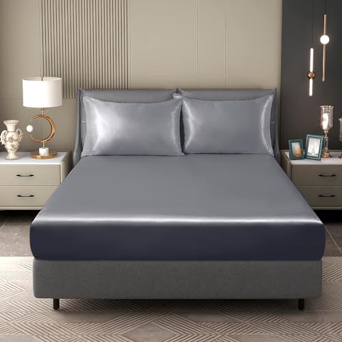 Nuoandy Satin Spannbettlaken 140x200cm Grau Dunkelgrau Anthrazit Uni Seide Seide Glänzend Bettlaken Hochwertiges Deluxe Unifarben Spannbetttuch Microfaser Bettlaken für bis1-30cm Matraze