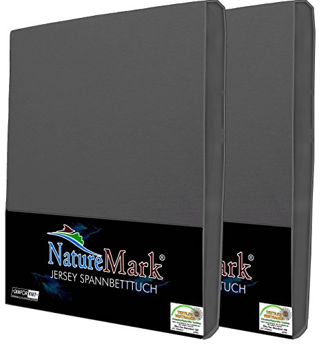 NatureMark 2er Pack JERSEY Spannbettlaken, Spannbetttuch 100% Baumwolle in vielen Größen und Farben MARKENQUALITÄT ÖKOTEX Standard 100 | 90 x 200 cm - 100 x 200 cm - anthrazit grau