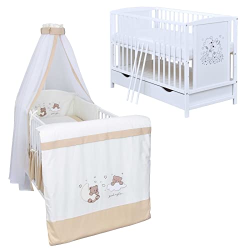 Generisch Baby Delux Babybett Komplett Set Mia umbaubar zum Juniorbett weiß 120x60 Matratze Schublade Schutzgitter Bettset Premium (Traumland beige)