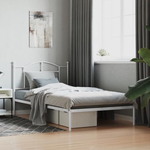 Hovothy Bettgestell mit Kopfteil Metall 100x200 cm Stauraumbett Gepolsterter Plattformbettrahmen Einzelbett Schrankbett für Schlafzimmer Gästezimmer Weiß Metallbett