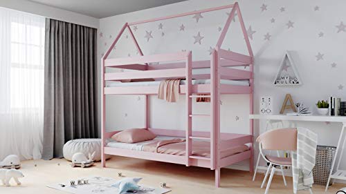 WFL GROUP Kinderbett Haus Etagenbetten 3ft Single 90x190 90x200 80x160 cm Kiefer Massivholz Hausbett Etagenbett Für Kinder - 160 x 80 cm - Pink - Rosa