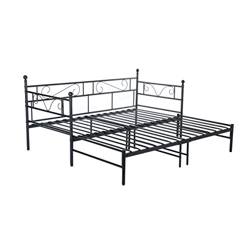 FetiNes Bettrahmen ausziehbares Bett Tagesbett Bettsofa Bettgestell, ausziehbares Doppel-Bett, als Jugendbett & Gästebett verwendbar, Funktionsbett aus Metall, Bett 2X(90x190) cm, Schwarz