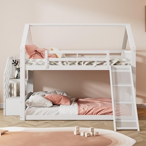 Kehun Kinderbett Etagenbett 140x200 cm für 2-4 Kinder, Doppelbett Hochbett Hausbett mit Stauraum Treppe und Rutsche, Holzbett mit Rausfallschutz und Lattenrost aus Holz, Weiß, Ohne Matratze