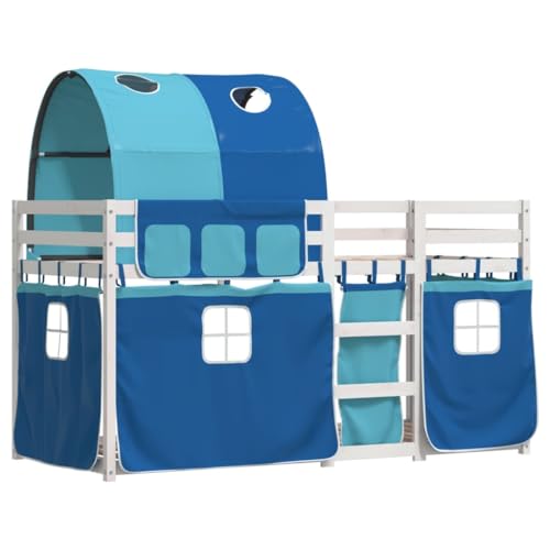 vidaXL Etagenbett, Kinderbett mit Vorhängen Leiter, Hochbett Spielbett für Kinder ab 6 Jahren, Doppel Stockbett Bett, Blau 90x200cm Massivholz Kiefer