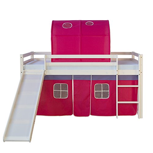 Homestyle4u 1569, Kinderbett 90x200 Weiß, Hochbett mit Rutsche Vorhang Tunnel Pink, Holz Kiefer