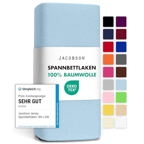 Jacobson Jersey Spannbettlaken Spannbetttuch Baumwolle Bettlaken (90x200-100x200 cm, Hellblau)