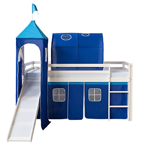 Homestyle4u 1576, Kinderbett 90x200 Weiß Blau Hochbett mit Rutsche Treppe Turm Tunnel Vorhang Bettgestell Holz Kiefer