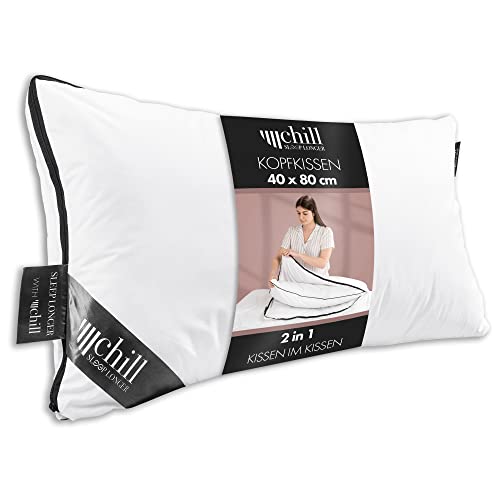 chill SLEEPLONGER Kopfkissen 40x80 cm - 2 in 1 Design - Schlafkissen Atmungsaktiv & Waschbar & 100% Vegan - 2 Kissen 3 Möglichkeiten - Pillow mit 300g & 600g Kissenfüllung