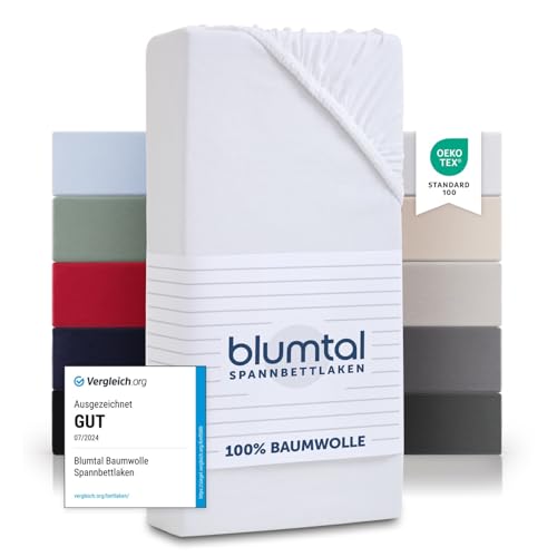 Blumtal® Basics Spannbettlaken 90x200cm Jersey - bettlaken 90x200cm aus 100% Baumwolle - OEKO-TEX zertifiziertes Spannbetttuch 90x200 cm - Matratzenbezug 90x200 cm - Bettbezug - Leintuch - Weiß