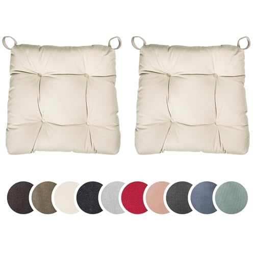 sleepling 2er Set Stuhlkissen, Sitzkissen Eva für Indoor und Outdoor, mit Klettverschluss, 100% Baumwolle, Made in EU, Maße: 40 (vorne), 35 (hinten) x 38 x 7 cm, beige