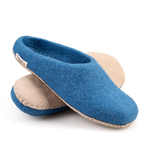 naturling Damen Filz Hausschuhe mit Leder Sohle - bequeme Filz Slipper für schmale Füße (Blau, numeric_41)