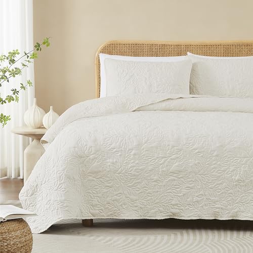 R.SHARE Tagesdecke Stickerei 220x240 cm (mit 2 Kissenbezüg), Kuscheldecke Flauschig Decke Blattmuster, Ultra Weiche Sofaüberwurfdecke, Wohndecken Steppdecke aus Mikrofaser-Elfenbeinweiß