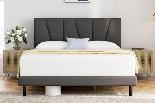 Molblly Polsterbett 120 x 200 cm Bettgestell Einzelbett Doppelbett Designbett mit Lattenrost Holzlattenunterstützung Kopfteil in Grau, Bettrahmen 120x200