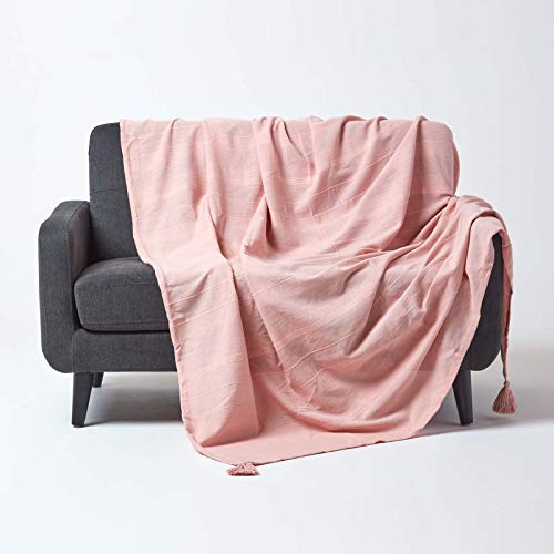 Homescapes Tagesdecke/Sofaüberwurf/Plaid Rajput in Rosa – 150 x 200 cm – handgewebt aus 100% Reiner Baumwolle in RIPP-Optik