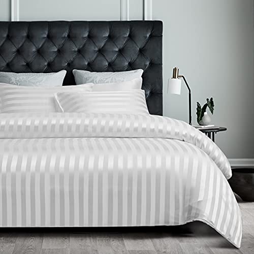 Damier Satin Bettwäsche 155x220 Weiß glatt gestreift Bettbezug Set 2 teilig Luxus Glanzsatin Deckenbezug mit Reißverschluss und 1 Kissenbezug 80x80