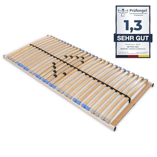Madera 7 Zonen Lattenrost zur Selbstmontage, mit 28 Leisten, extra stabil durch durchgehende Holme, TÜV SÜD GS geprüft, Größe: 120 x 200 cm