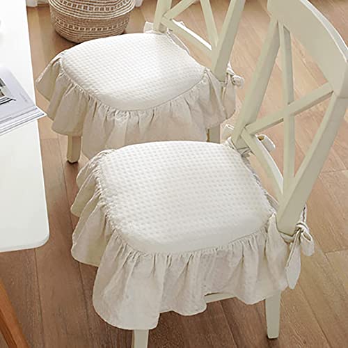 FAANAS Geraffte Sitzkissen 2 Pack mit Kisseneinsatz Vintage Baumwolle Leinen Stuhl Pads rutschfeste abnehmbare Stuhlkissen für hölzerne Dinner Stuhl Hochzeit Party, White