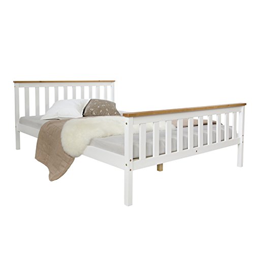 Homestyle4u 1843, Holzbett 140x200 mit Lattenrost, Doppelbett Bett Weiß, Kiefer Massivholz