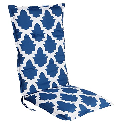 Spetebo Pflegeleichtes Polster für Hochlehner - Sylt - Gartenstuhl Auflage mit Haltegurt - Sitzkissen Stuhlauflage in blau weiß (Modell 17)