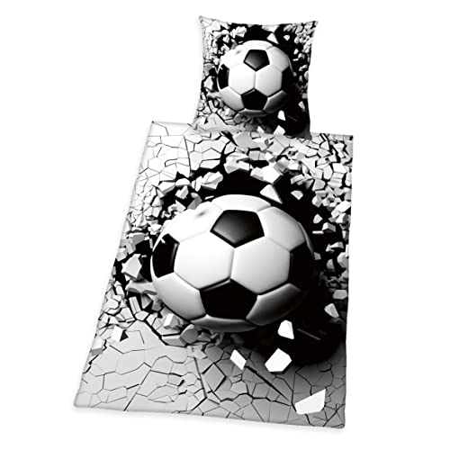 Herding 3D Effekt Bettwäsche-Set, Fußball, Kopfkissenbezug 70 x 90 cm, Bettbezug 140 x 200 cm, Mit leichtläufigem Reißverschluss, 100% Baumwolle/Renforcé, Grau/Weiß