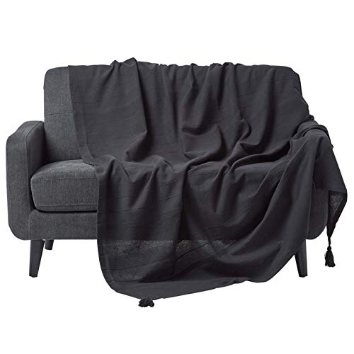 Homescapes große Tagesdecke Rajput, schwarz, Wohndecke aus 100% Baumwolle, 225 x 255 cm, Sofaüberwurf/Couchüberwurf in RIPP-Optik