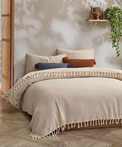 BOHORIA® Premium Tagesdecke 200x230 cm XXL Tulum | 100% Baumwolle | extra-groß | Baumwolldecke als Bett-Überwurf, Couch-Überwurf, Sofa-Decke mit Fischgrätenmuster (Sepia)