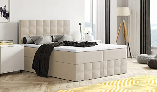 Moderne Boxspringbett MERA Premium Bett mit Bettkasten Ziernähten Bonell Matratze H3 Federkern Topper Polsterbett Doppelbett Schlafzimmer (140 x 200, Beige - Aura 01)