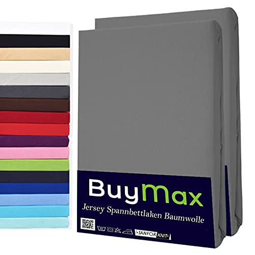 Buymax Spannbettlaken 140x200cm Baumwolle 100% Spannbetttuch Bettlaken Jersey, Matratzenhöhe bis 25 cm, Farbe Anthrazit-Grau