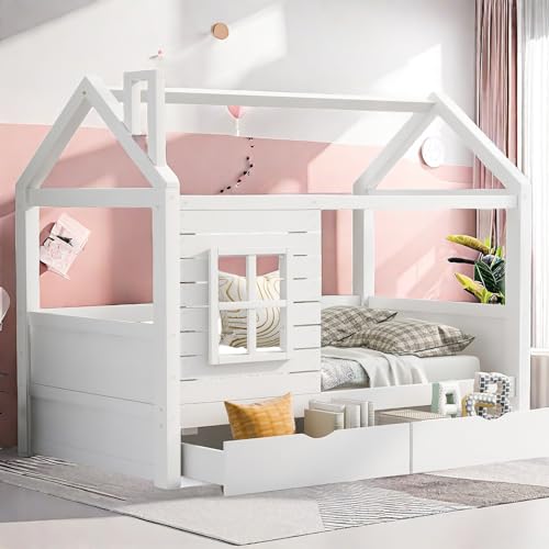 Kinderbett 80x160cm,Doppelbett 80x160cm,Hausbett Kinderbett Jugendbett 80x160 mit Rausfallschutz,vielseitiges Holz Doppelbett,Massivholz Hochbett mit Rausfallschutz Fenster und Lattenrost,Weiss