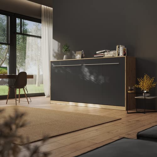 Schrankbett Standard 90x200 Horizontal Wildeiche/Anthrazit ausklappbares Wandbett, ideal geeignet als Wandklappbett fürs Gästezimmer, Büro, Wohnzimmer, Schlafzimmer…