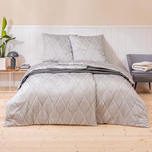 ESTELLA Mako-Satin Bettwäsche 135x200 Lyanna Silber Spiralen Wellen 7943-820