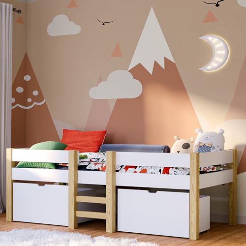 Bellabino Kinderbett 90x200 Aspy, Hochbett mit Rausfallschutz, Babybett für Jungen und Mädchen, Halbhochbett weiß inkl. Lattenrost und 2 Schubladen, Hochbett mit Stauraum, Stabil Massivholz