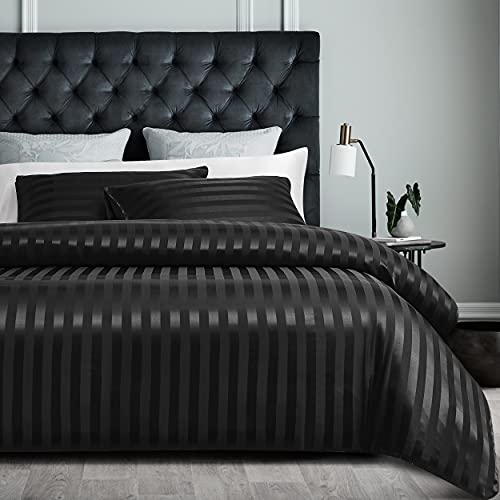 Damier Bettwäsche 135x200cm Schwarz Satin gestreift Bettbezug Set Seidig glänzend hochwertiges Glanzsatin Bettbezug mit verdecktem Reißverschluss und Kissenbezug 80 × 80 cm