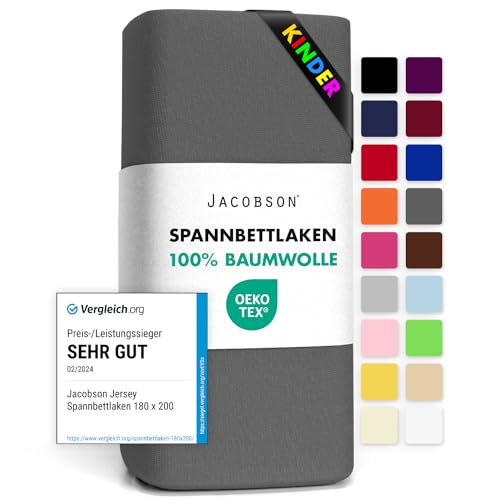 Jacobson Jersey Spannbettlaken Spannbetttuch Baumwolle Bettlaken (60x120-70x140 cm, Anthrazit)