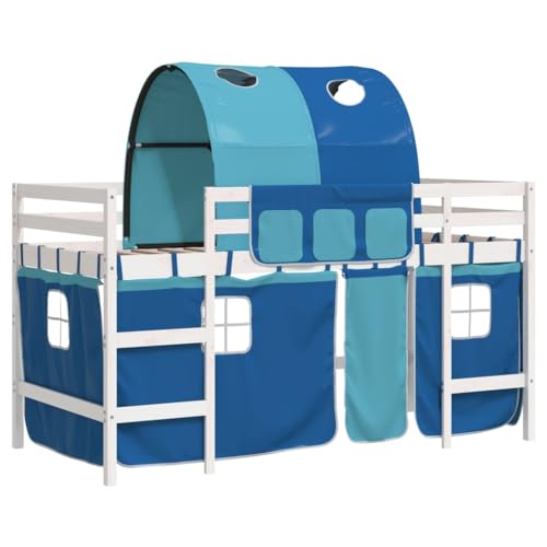 vidaXL Kinderhochbett, Hochbett mit Tunnel Vorhängen, Spielbett Bett für Kinder ab 6 Jahren, Kinderbett Etagenbett Stockbett, Blau 90x200cm Massivholz Kiefer