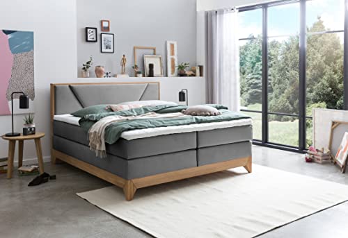 Belanoti Riviera Boxspringbett 180x200 Eiche 7-Zonen Taschenfederkern Matratze inkl Visco Topper Bett 180x200 in der Farbe Anthrazit H2/H3 Polsterbett Hotelbett mit Massivholz Eiche Massivholzbett