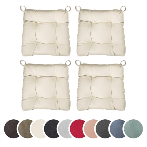 sleepling 4er Set Stuhlkissen, Sitzkissen Eva für Indoor und Outdoor, mit Klettverschluss, 100% Baumwolle, Made in EU, Maße: 40 (vorne), 35 (hinten) x 38 x 7 cm, beige